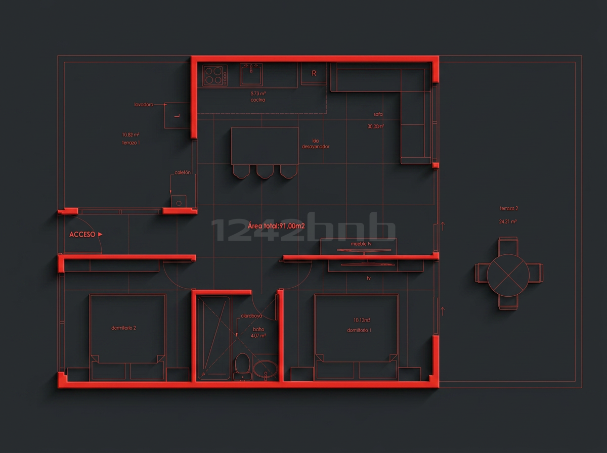 Plano esquemático de una unidad rediseñada por 1242bnb: distribución de área social, cocina, dormitorio y baño